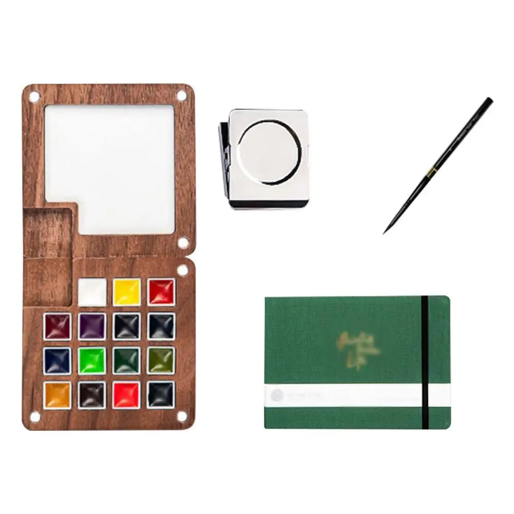 Travel Watercolor Palette Set – Wooden Paintbox & Sketchbook