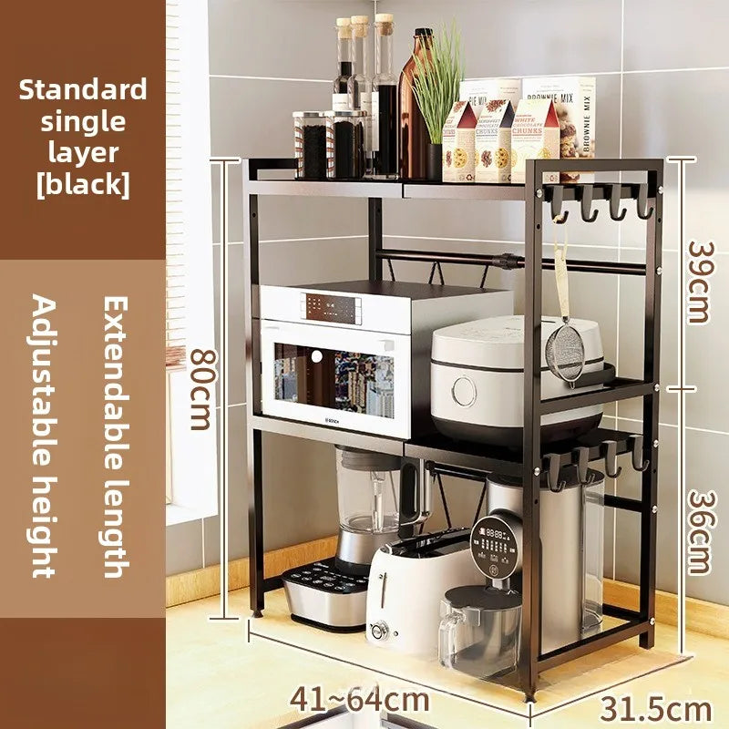 Retractable microwave oven rack, countertop, kitchen floor-to-ceiling multi-layer oven rack, household storage microwave oven Oasis Select Double black