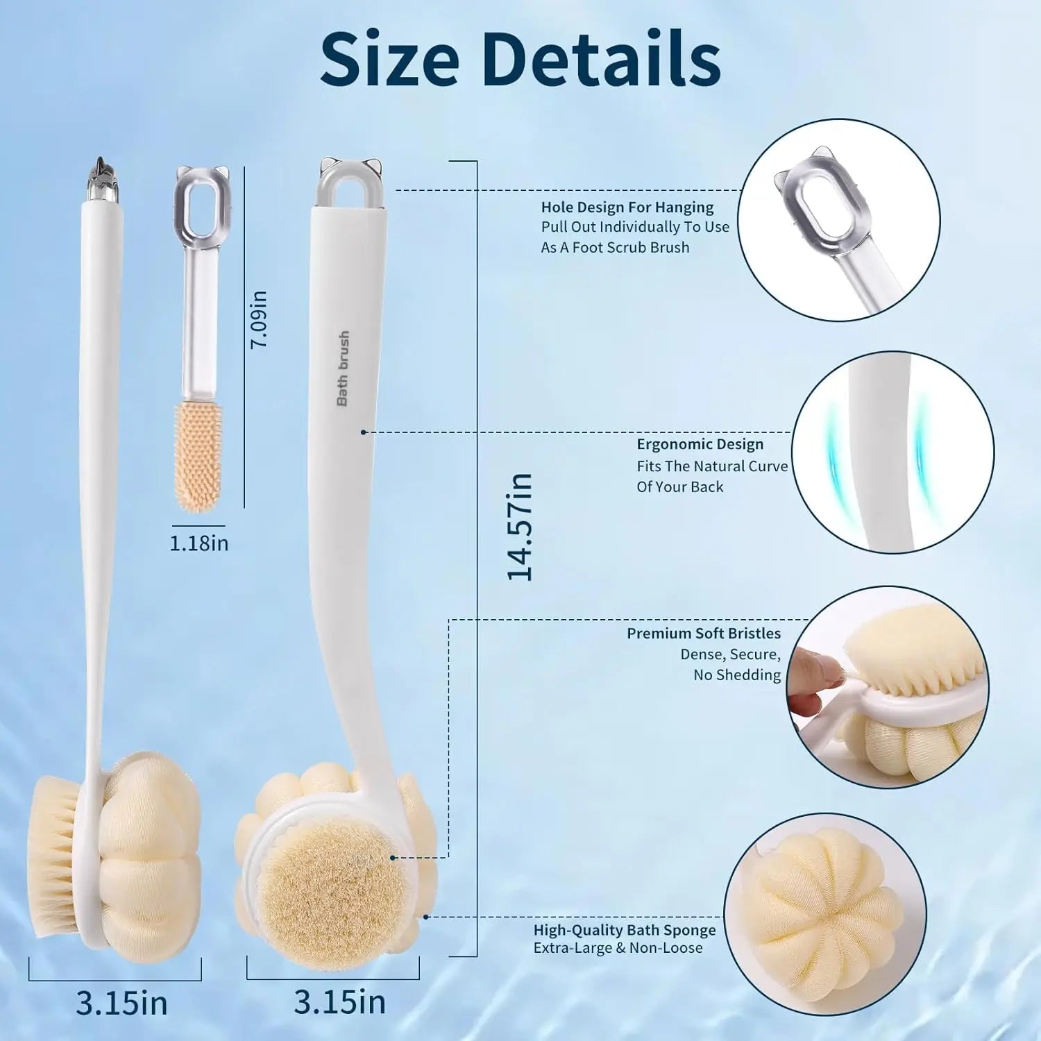 3in1 Shower Brush Long Handle Back Scrubber Soft Bristles Loofah Foot Exfoliating Anti Slip Bath Body Spa Tool Oasis Select