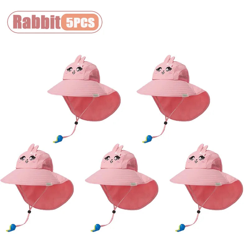Spring Summer Kids UV Protection Sun Hat Baby Toddler Bucket Hat Wide Brim Breathable Outdoor Cap for Boys Girls Oasis Select Rabbit-5PCS
