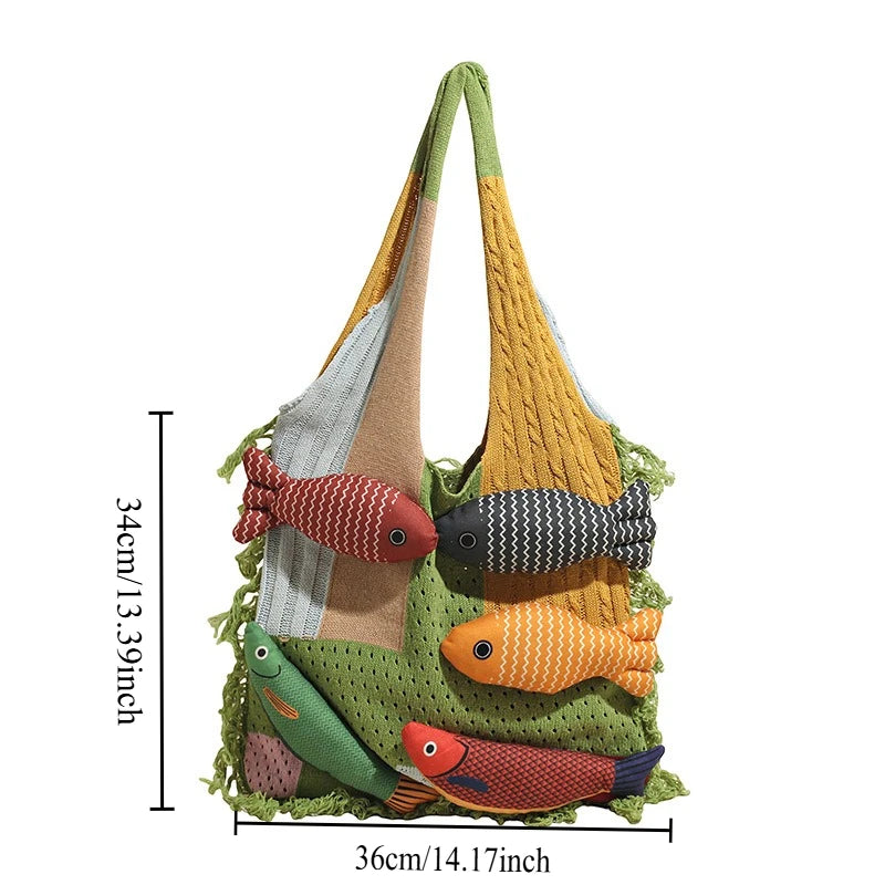 Tassel Decor Knit Shoulder Tote Bag Large Capacity Yarn Woven Handbag Classic Splicing Style All-match Bag for Women Daily Use Oasis Select Green
