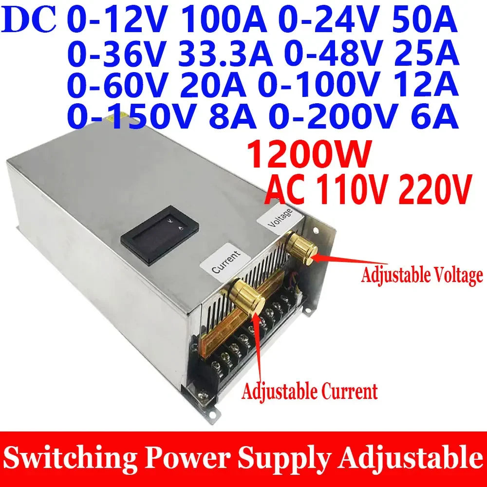 Adjustable Switching DC 12 V Volt Power Supply DC 0- 12V 24V 36V 48V 60V 100V 150V 200V 1200W TO AC 110V 220V Transformer Supply Oasis Select AC 110V 220V 0-150V 2-8A 1200W