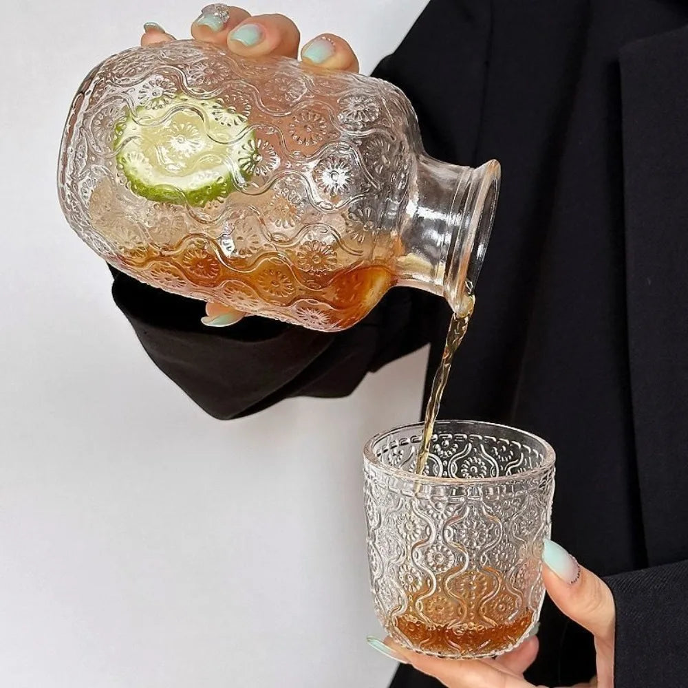Flower Glass Teapot Vintage Water Cold Kettle Juice Glass Coffee Cup Water Glass Set Bedside Night Carafe for Midnight Drink Oasis Select