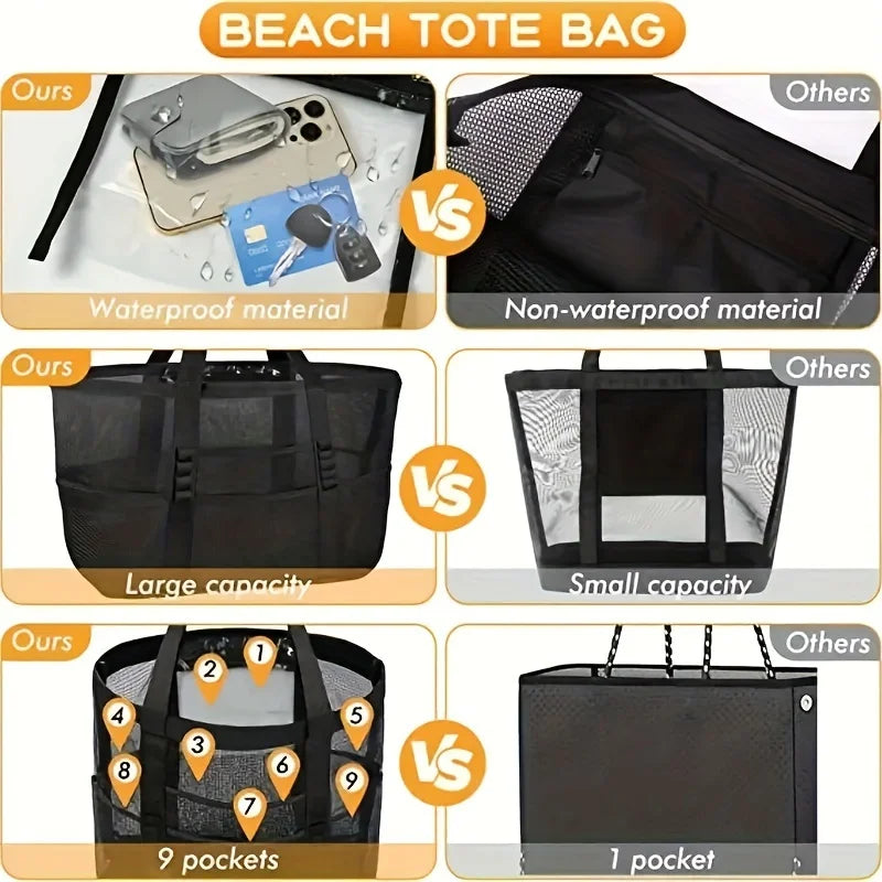 Mesh Beach Bag, Single Shoulder Handheld Mesh Shower Fitness Swimming Bath Bag Grid Beach Tote Bag, Large Capacity Storage Bag Oasis Select