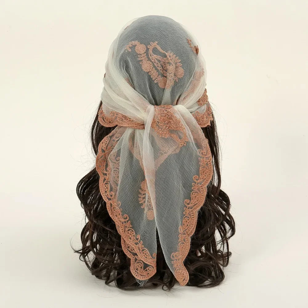 Elegant Square Lace Scarf Hollow Out Thin Foulard Bandana Floral Embroidery Vintage Hair Scarf Headband Women Oasis Select Beige