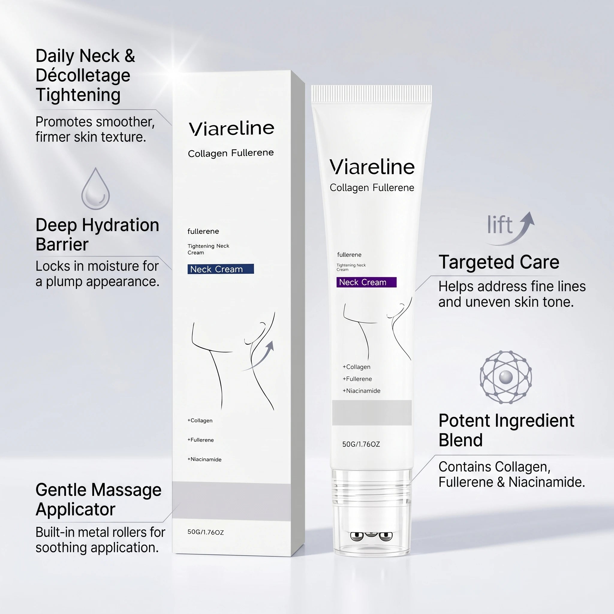 Collagen Neck Cream Roller Massage Tightening Neck Cream Reduce Neck Lines Reduce Double Chin Firming Lifting Brighten Skin Care Oasis Select
