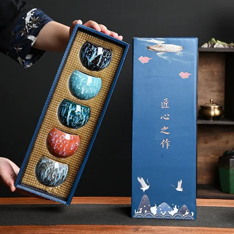 Gift Box & Five Elements Gift Box Kiln Change China Ceramic Tea Cup Porcelain Kung Fu Cups Set Pottery Coffee Mug Tableware Cup Oasis Select