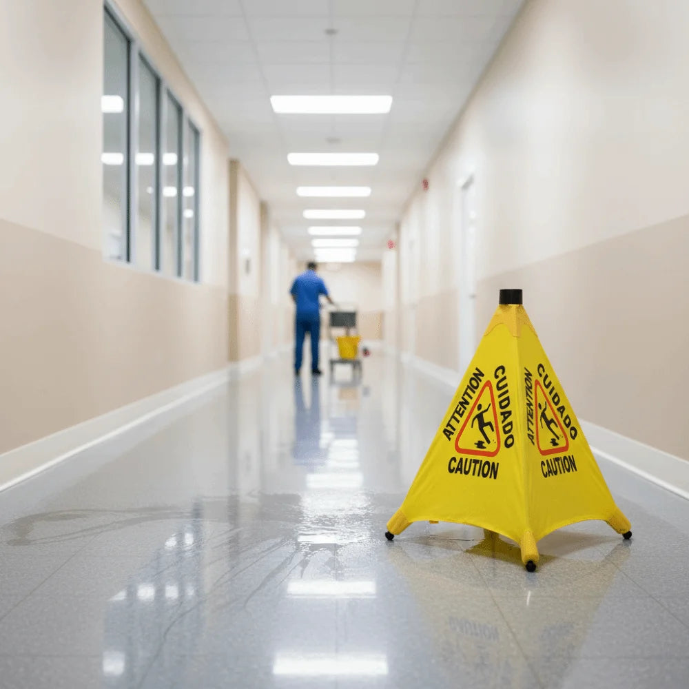 Triangular Cone-Shaped Caution Wet Floor Sign Wall Mounted Foldable Slippery When Wet Sign Pop-Up Design Multilingual Oasis Select