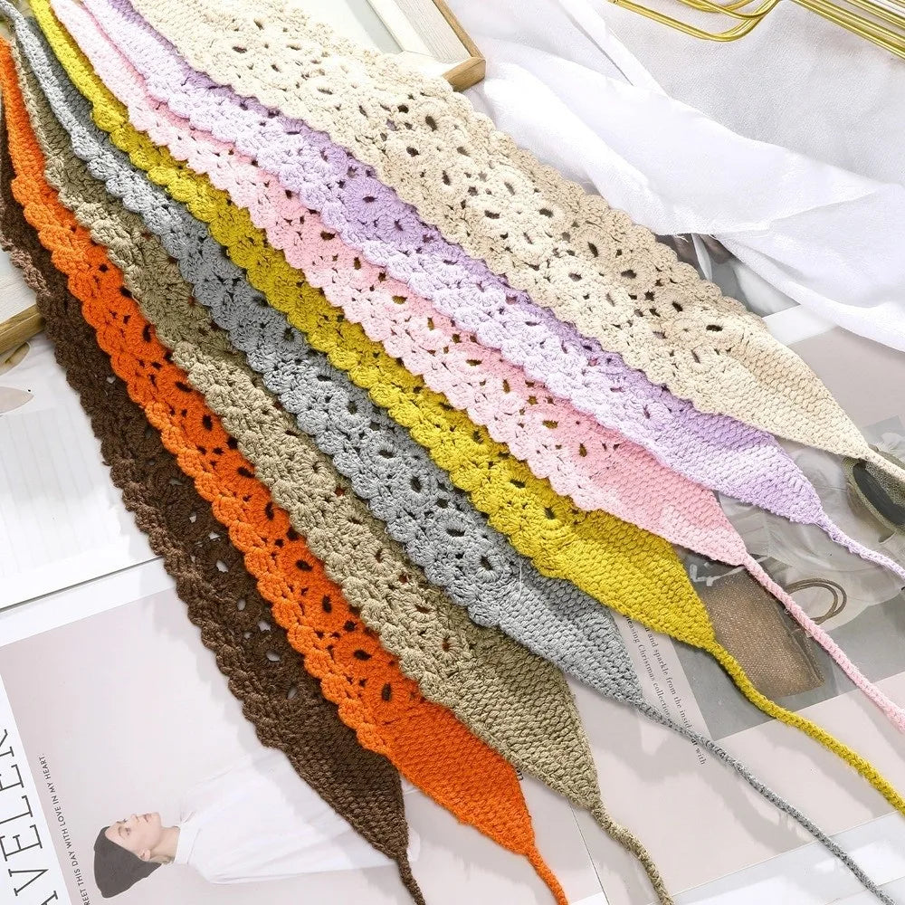 Boho Floral Headband Handmade Solid Color Knit Hair Band Hollow Out Crochet Hair Scarf Oasis Select