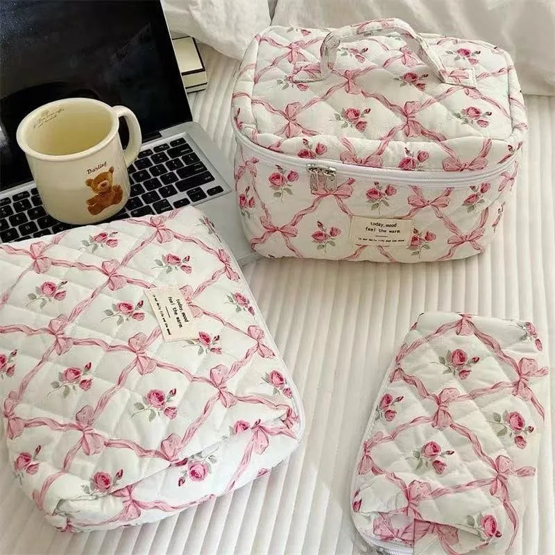 Bow Flower Quilted Makeup Bag – Zipper Cosmetic Organizer