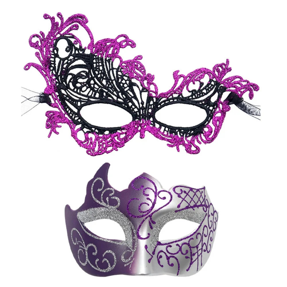 2PCS/set Couple Masks Lace Women Mask Men Painted Half Face Mask Eye Mask Set Party Masquerade Wedding Decoration Costume Prom Oasis Select Purple 2