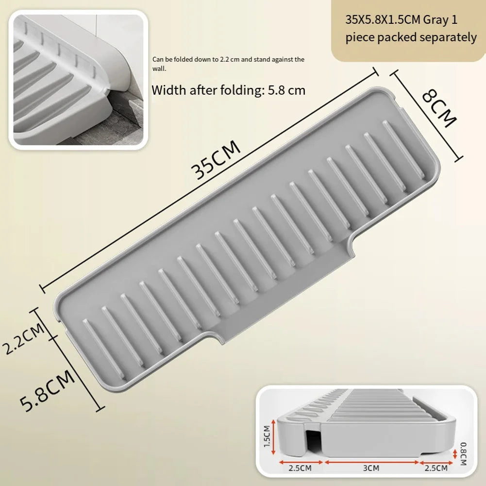 Kitchen Sink Splash Guard Silicone Drainage Mat Dish Soap Dispenser Sponge Holder Mat For Kitchen Sinks Narrow Edge Oasis Select Grey 35x6CM