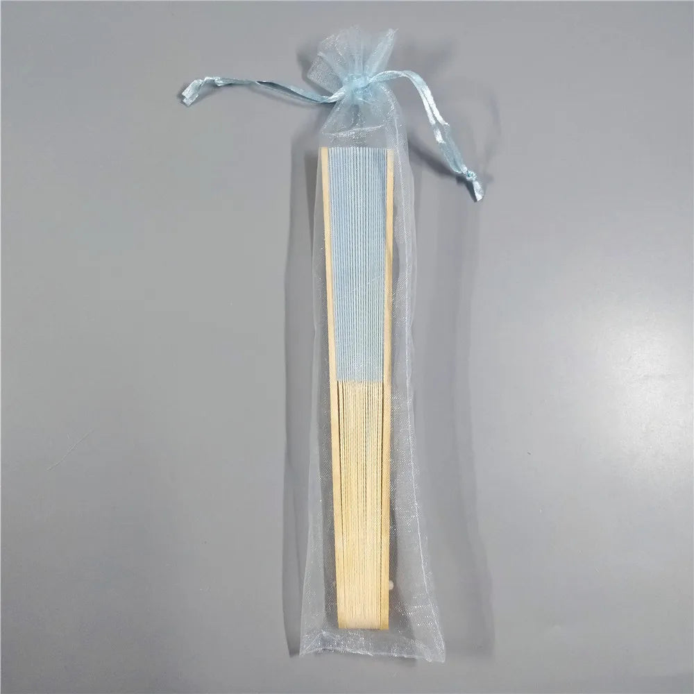 Hand Folding Fan with Organza Bag Bridal Shower Kids Christestening Favors Wholesale Bamboo Fabric Handheld Fans Oasis Select Sky Blue