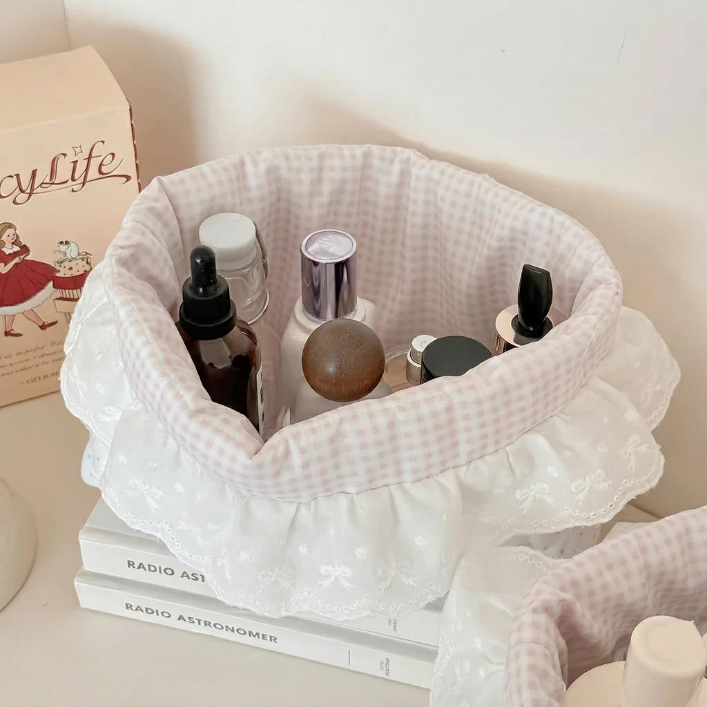 Cotton Fabric Storage Basket | Polka Dot Lace Ruffle Organizer