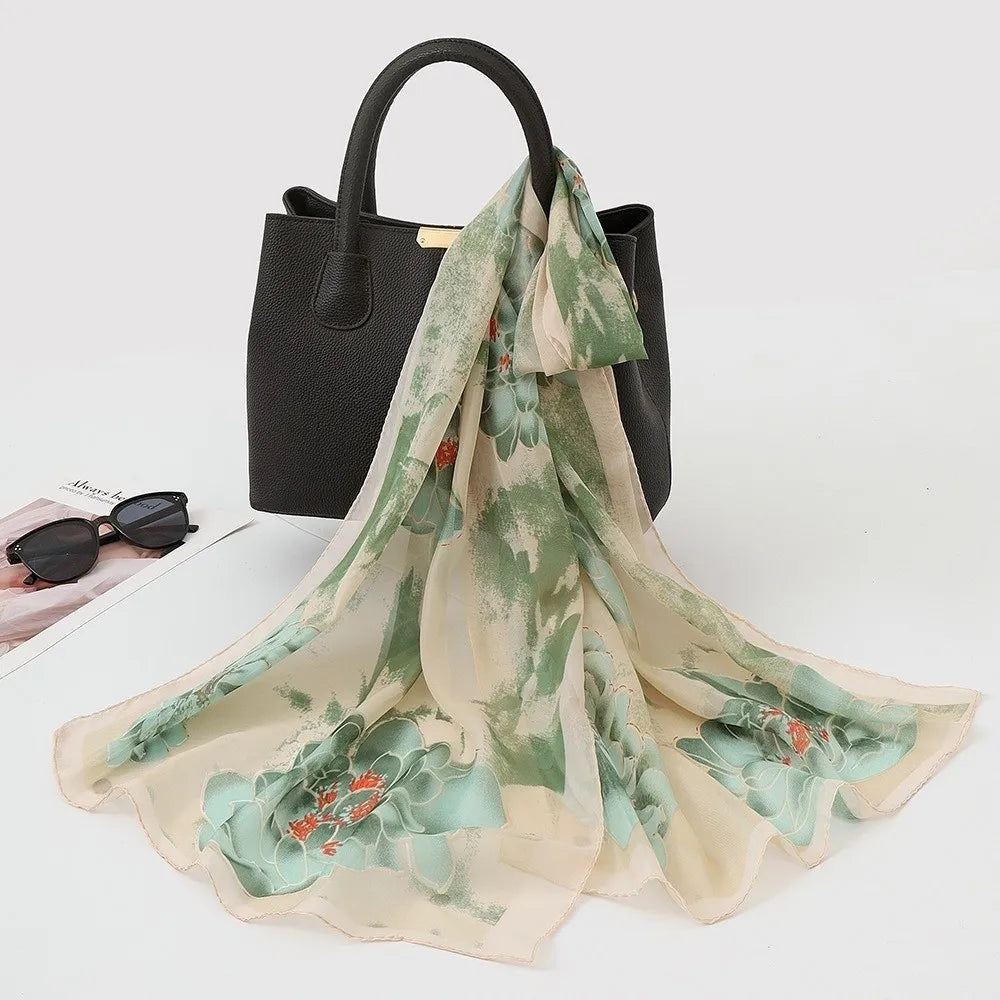 Gifts Chiffon Printed Silk Scarf Floral Lotus Thin Beach Travel Photography Shawl Breathable Long Silk Scarf Oasis Select