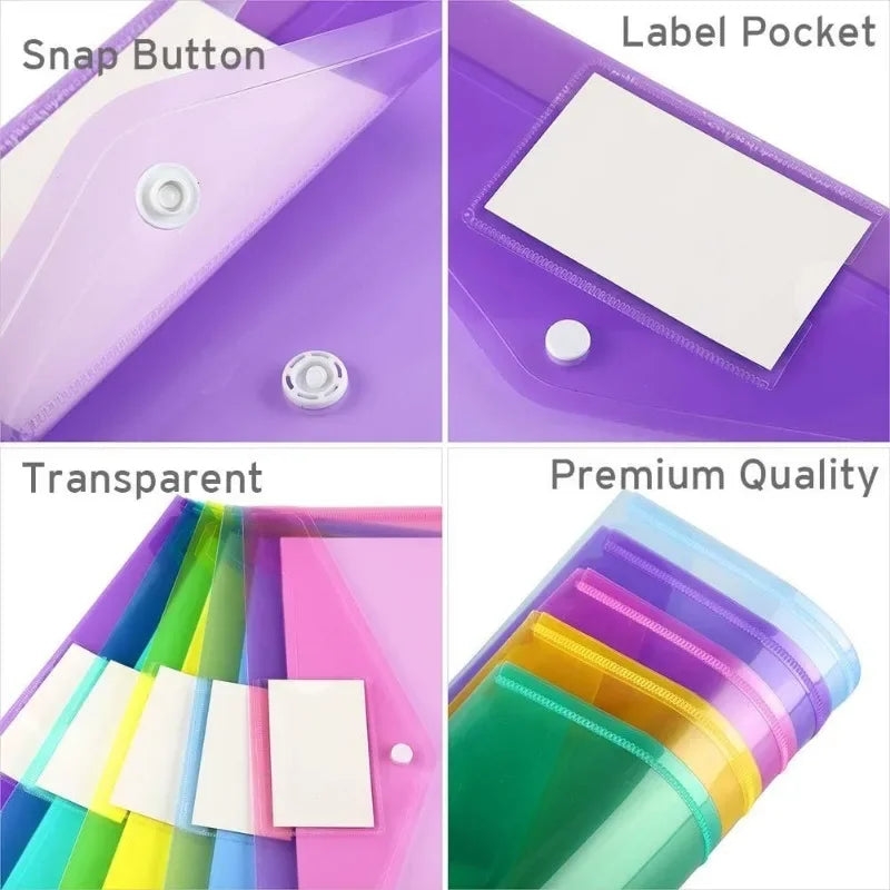 10/5pcs A4 Folders Plastic Envelopes Clear File Folder for Document Poly File with Label Pocket Snap Button for Office Organizer Oasis Select