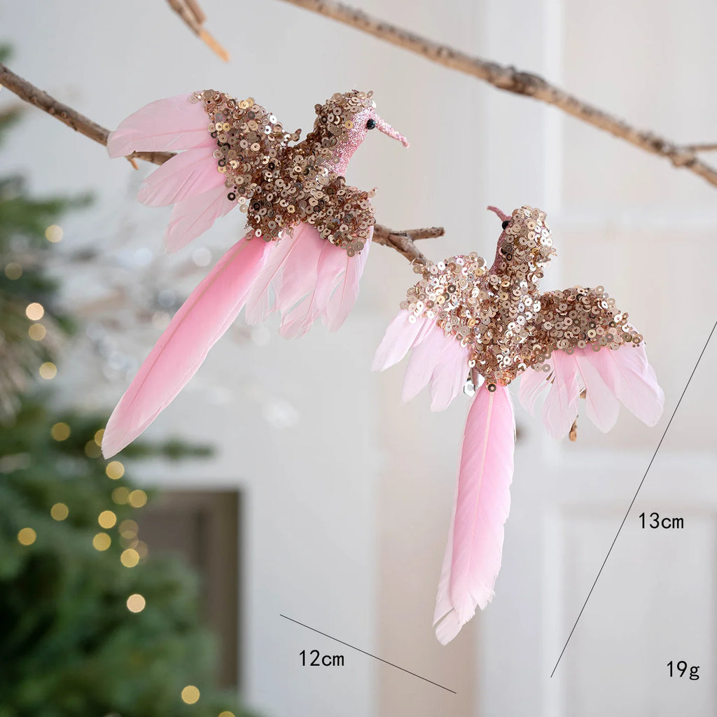 2PCS Feathered Hummingbird Christmas Tree Ornaments | Glitter Birds