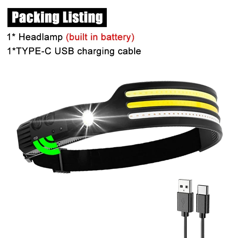 COB LED Headlamp Motion Sensor 10 Modes USB-C Rechargeable