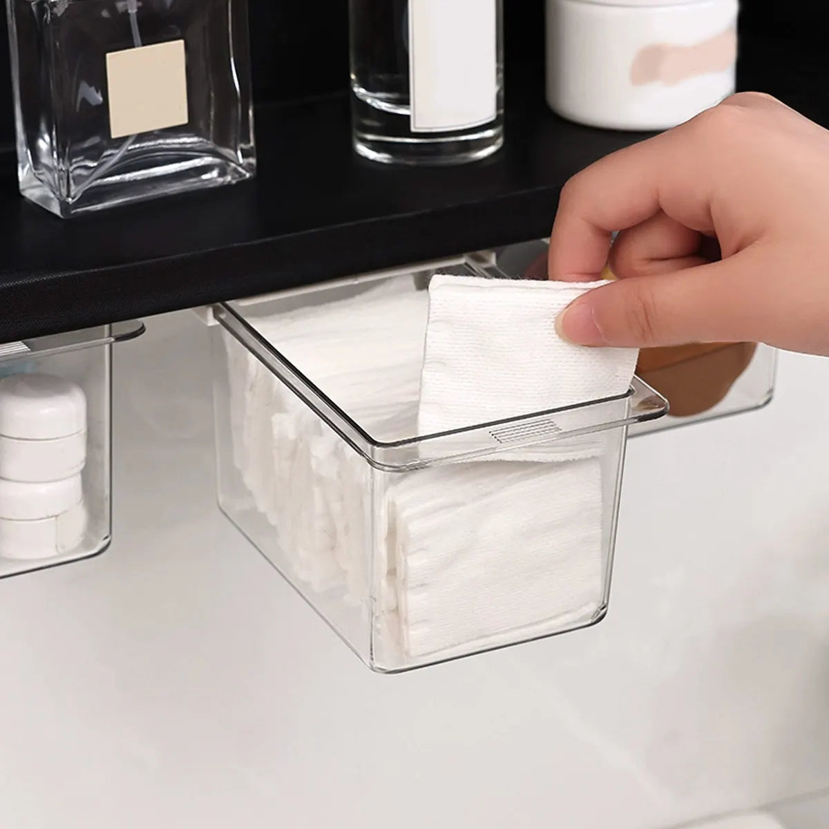 1pc Transparent cosmetics storage box, hidden drawer in bathroom, can store makeup pads, lipstick, cotton swabs Oasis Select