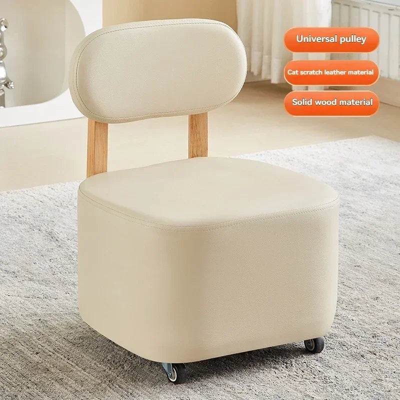 Small stool, household low stool, universal wheel, solid wood small chair, pulley, movable sliding chair, wooden backrest, squar Oasis Select Type E
