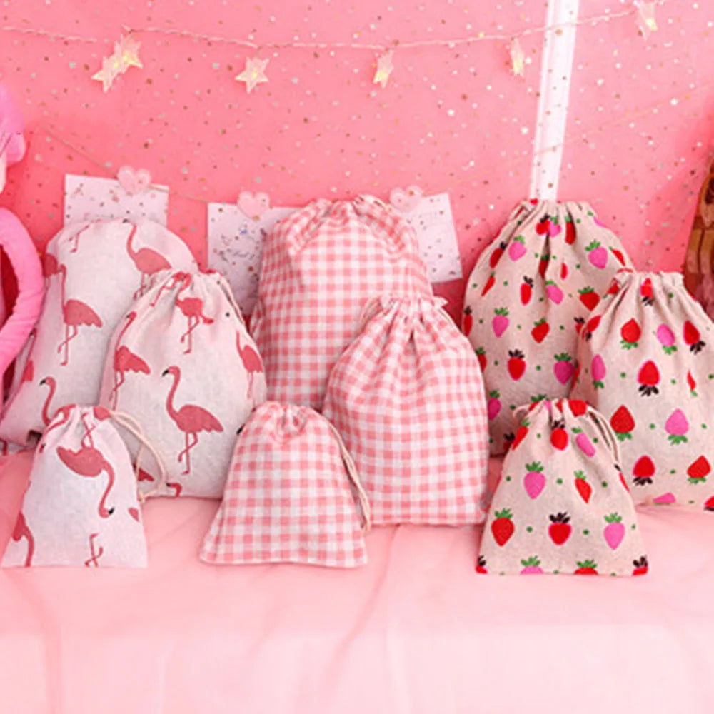 Cotton Linen Drawstring Gift Bags | Printed Patterns, 3 Sizes