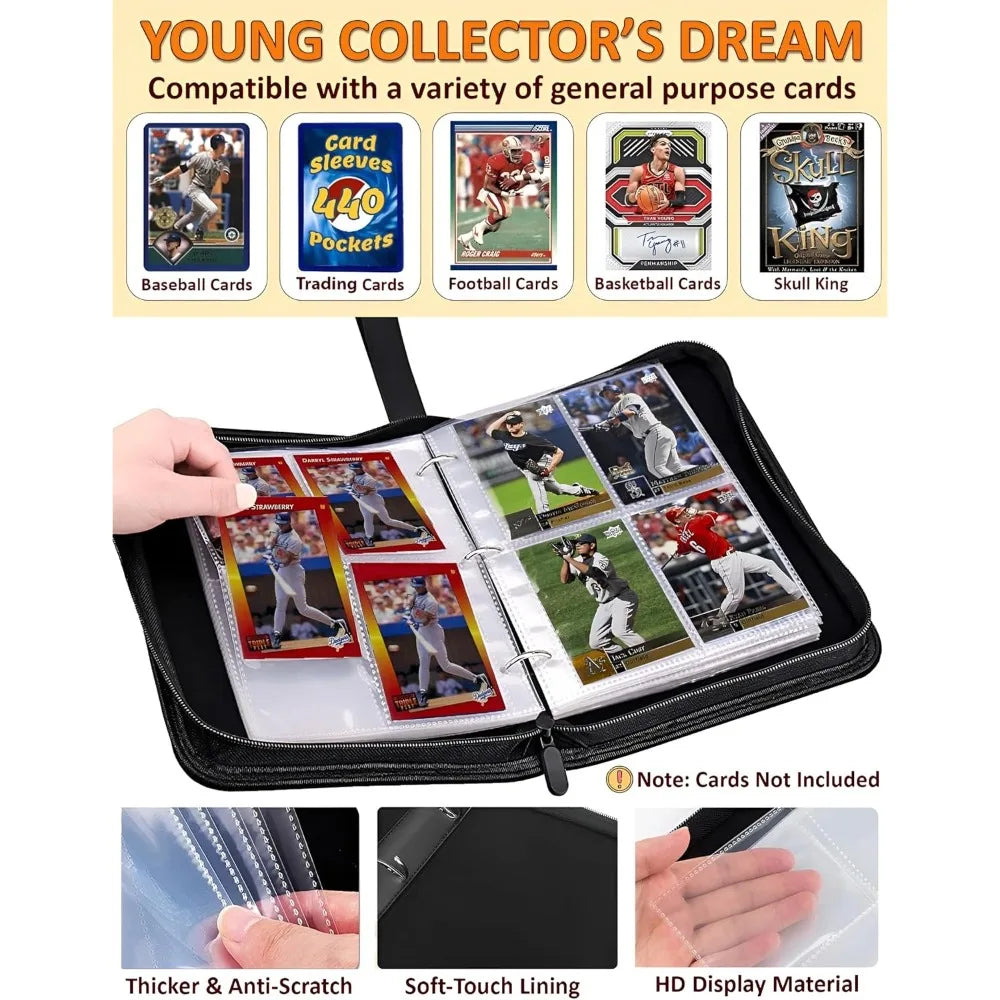 Trading Card Binder 400 Pockets 50 Pages Zipper 3 Ring Sports Album Baseball Card Storage Holder Compact Collector Case Oasis Select
