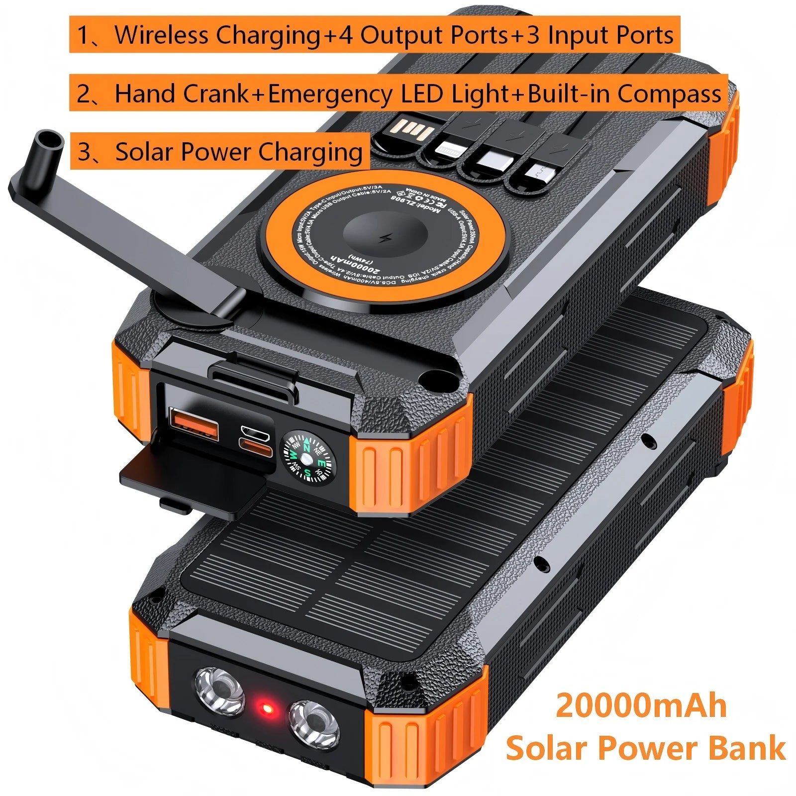 20000mAh Solar Power Bank, Hand Crank & Wireless Charging, 3 Inputs 4 Outputs, Emergency LED Light, Built-in Compass Oasis Select
