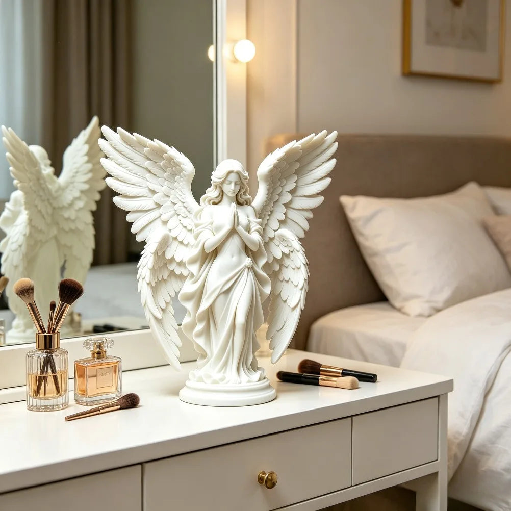 Serene Prayer Winged Guardian Angel Sculpture Matte Neoclassical Faith Statue Calm Tabletop Decor Spiritual Housewarming Present Oasis Select