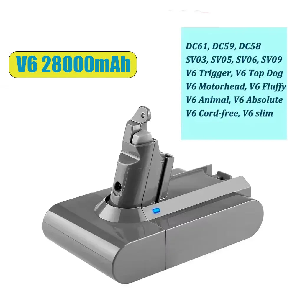 28000mAh For Dyson V6 Battery Rechargeable Lithium Battery For Dyson DC58 DC59 DC61 DC62 21.6V Battery Vacuum Cleaner Batteries Oasis Select V6 28000mAh
