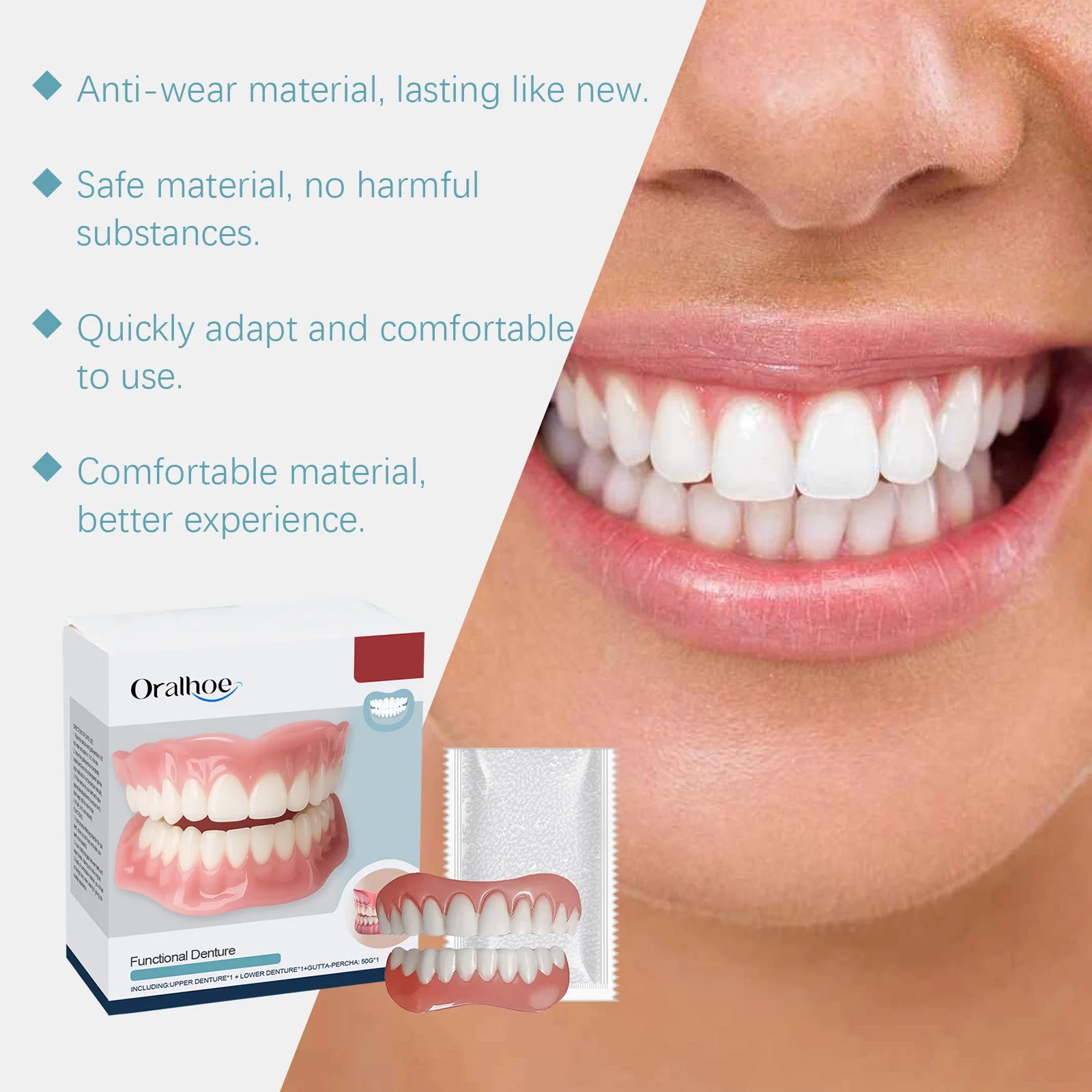 Comfortable Smiling False Teeth Snap On Veneers Denture Cover Gaps Stain Orthodontic Brace Temporary Silicone Denture For Adult Oasis Select