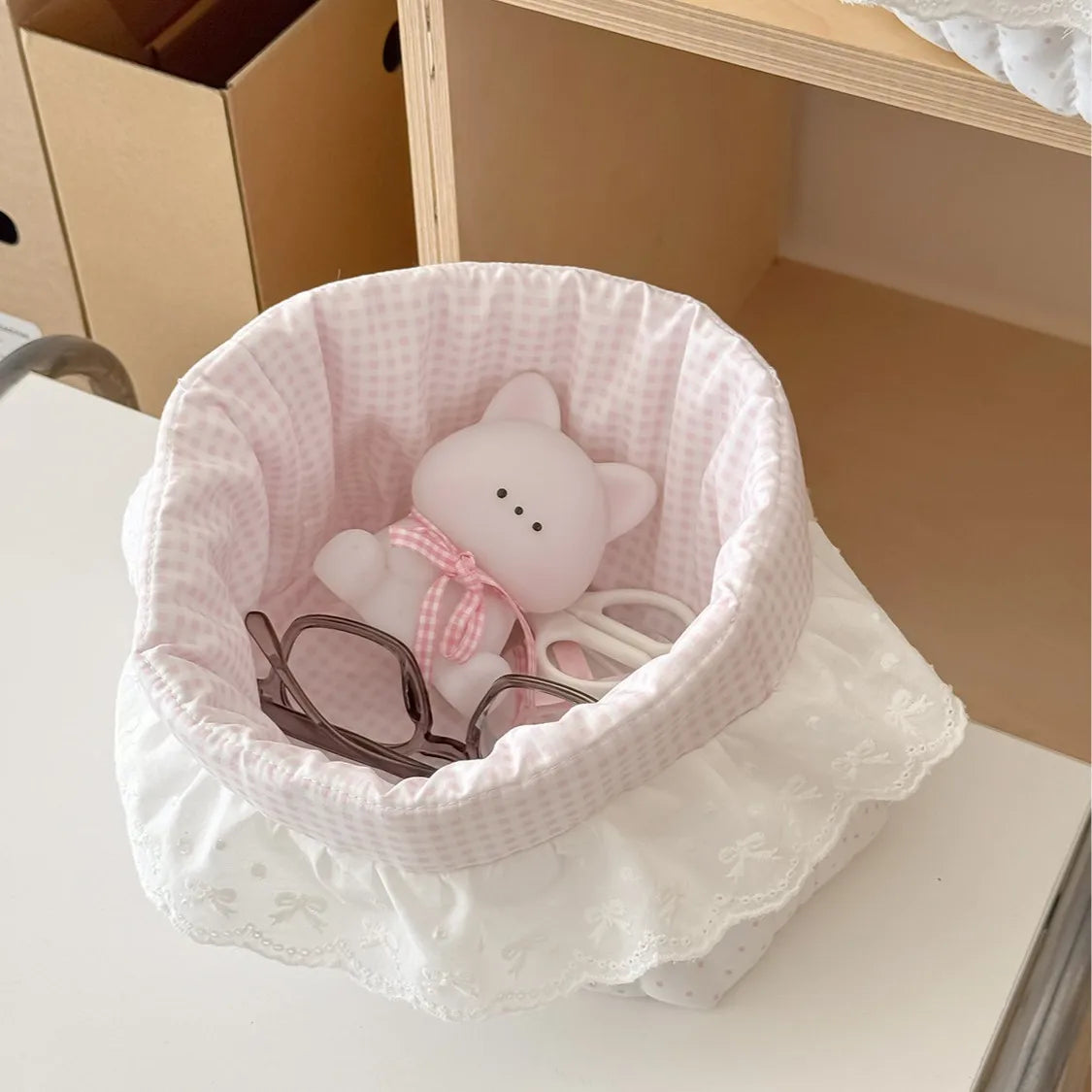 Polka Dot Ruffled Storage Foldable Quilting Cotton Cloth Storage Basket Oval Lace Storage Box Pink Dots Desktop Storage Basket Oasis Select