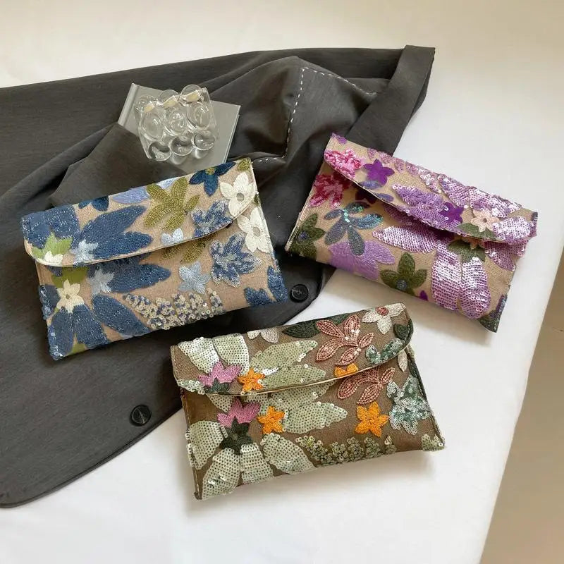 Sequin Floral Embroidery Evening Clutch Bag | Glitter Party Purse
