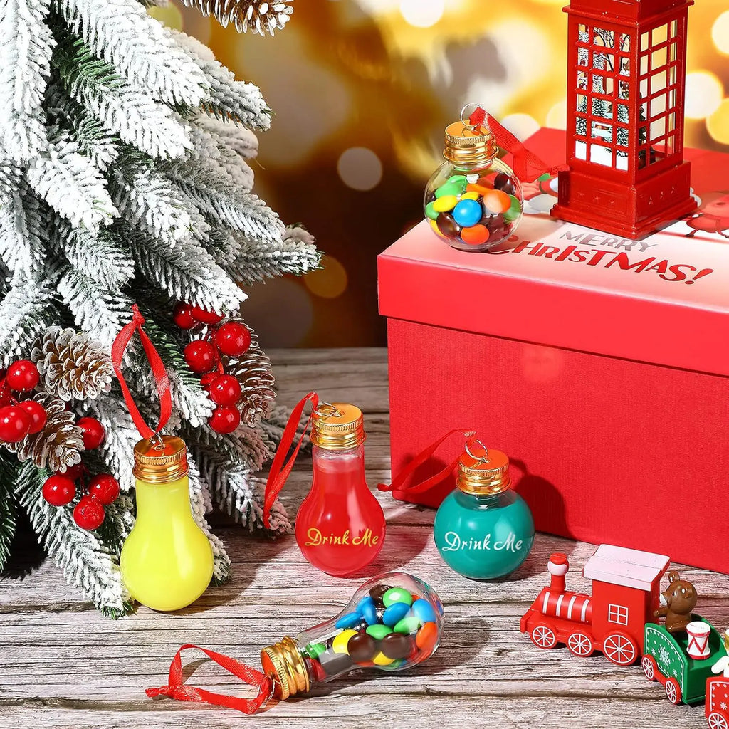 50ml Fillable Transparent Light Bulb Bottle With red rope Christmas Decoration Atmosphere Transparent PET Material Juice Bottle Oasis Select
