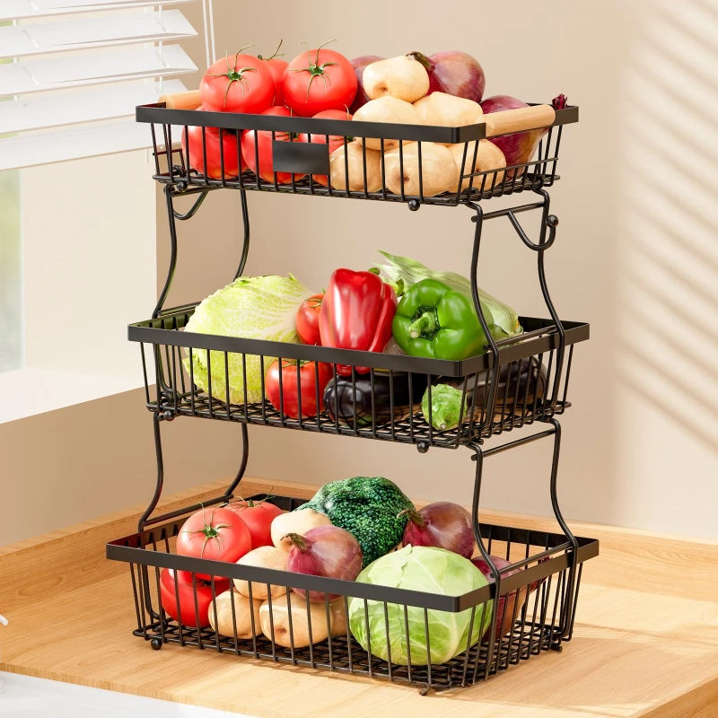 Kitchen Fruit Shelf Living Room Double-layer Removable Storage Rack Tray Wooden Handle Portable Vegetable and Fruit Basket Oasis Select