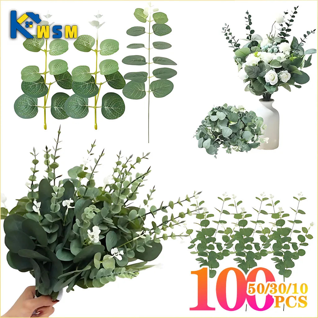10-100PCS 3 Kinds Eucalyptus Leaves Artificial Silver Dollar Leaves Picks Dried Eucalyptus Home Decoration Party Decoration Oasis Select