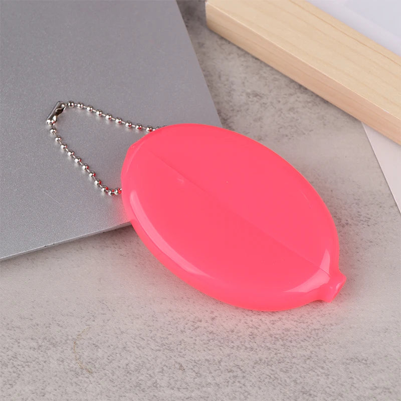 Small Oval Coin Purse Mini Earrings Rings Storage Box With Chain Solid Color PVC Fashion Portable Bag Pendant Oasis Select Bright Pink