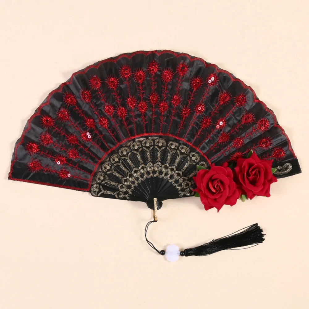 Sequin Embroidered Rose Lace Folding Fan with Tassel - Vintage European Handheld Fan for Cosplay Halloween Party Supplies Oasis Select Style 4