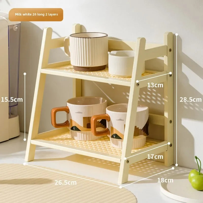 Multi-functional ins medieval rattan cream double-layer desktop rack dormitory bedroom office kitchen cup holder finishing rack Oasis Select Milky white 26 long