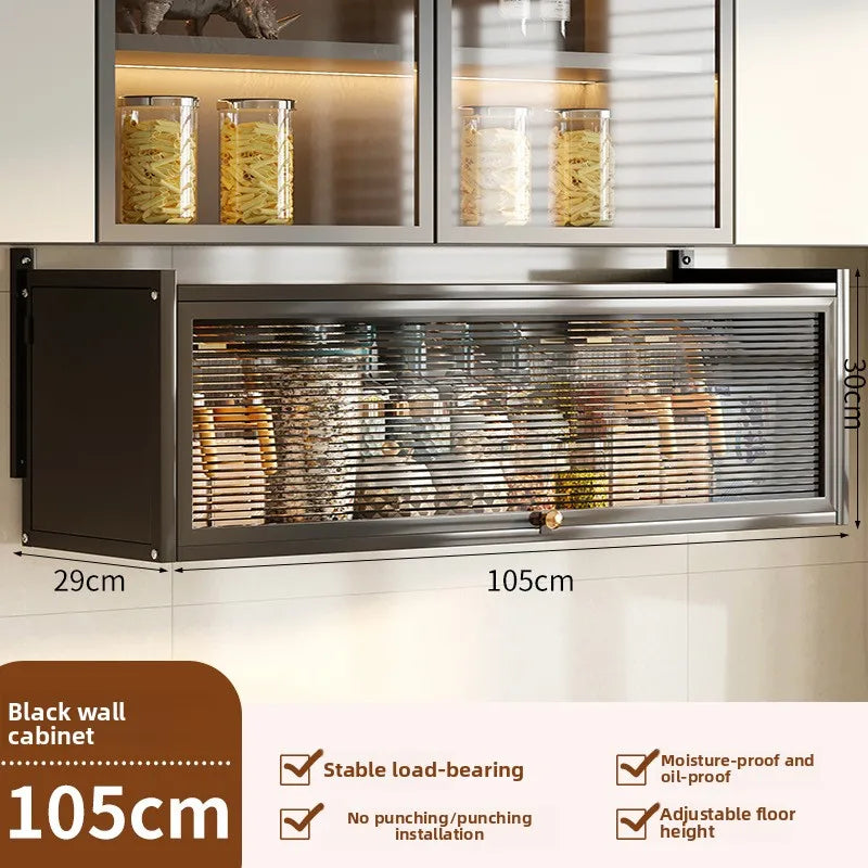 Kitchen multi-functional wall-mounted hanging cabinet seasoning rack upturned locker household dust with door storage rack Oasis Select Black-105