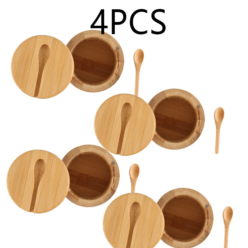 Salt Seasoning Jars Pepper Jar Bamboo Condiment Box Bowl Storage Pot Set Wood Sugar Container Holder Lid Function Multi Bowls Oasis Select 4pcs