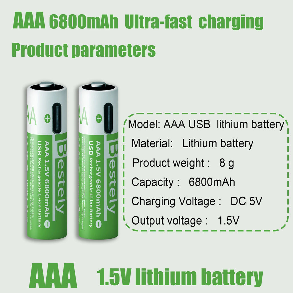 New AA 12000mAh+AAA 6800mAh Rechargeable Batteries Lithium-ion 1.5V AA Rechargeable Batteries 1.5V AAA Battery with USB-C Cables Oasis Select