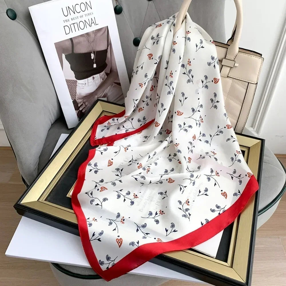 Versatile Casual Women's Hairbands 70x70cm Printed Shawls Wraps Imitation Silk Neck Tie Hijab for Women Oasis Select 70x70cm Red