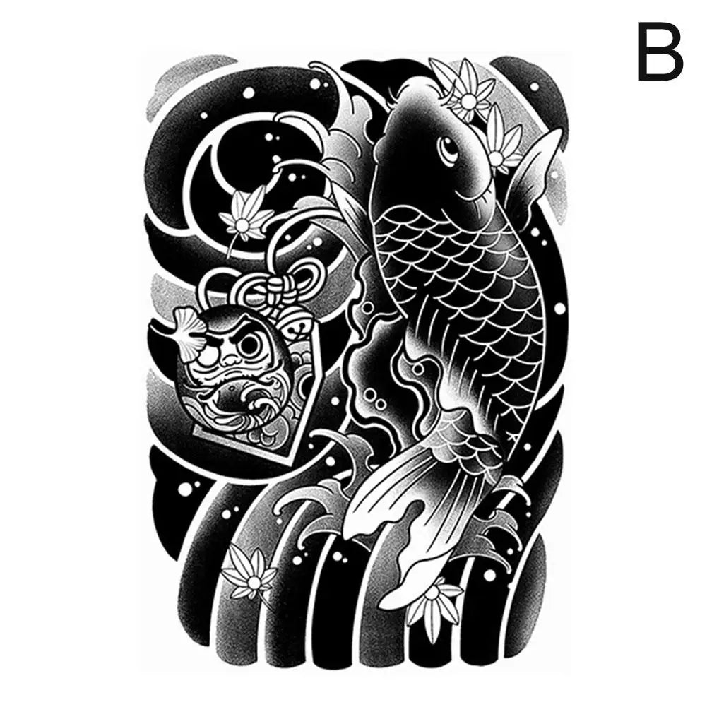 Waterproof Temporary Tattoo Sticker Semi-permanent Non-reflective Old Traditional Blossom Arm Koi Fish Fake Tattoos Oasis Select B