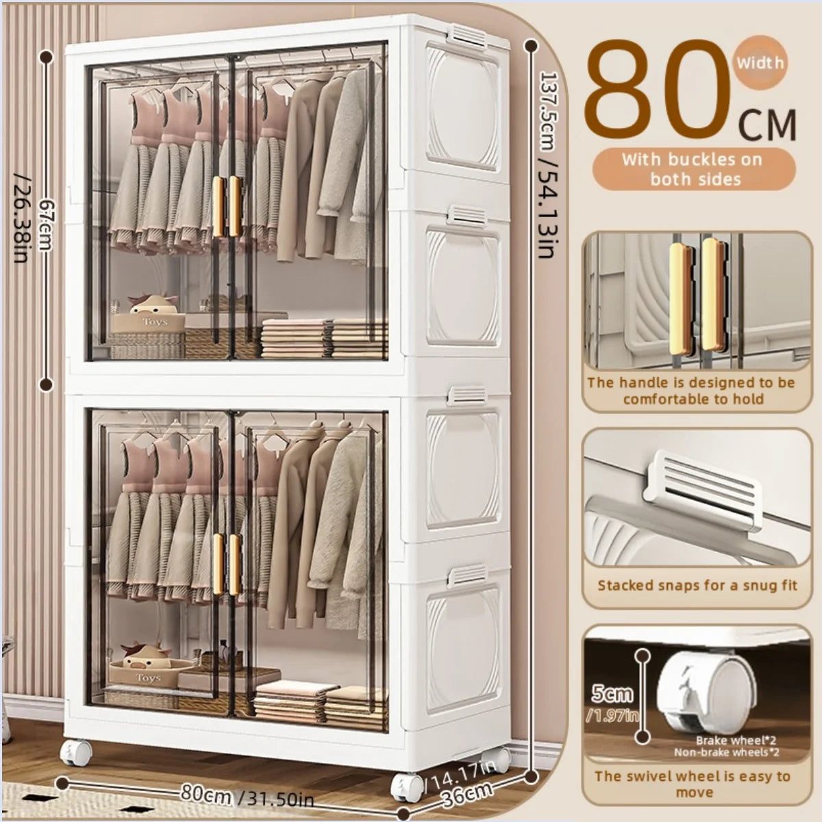 Foldable plastic storage box, simple wardrobe for home bedroom closet toy storage cabinet, no installation required Oasis Select 80cm 2 Large