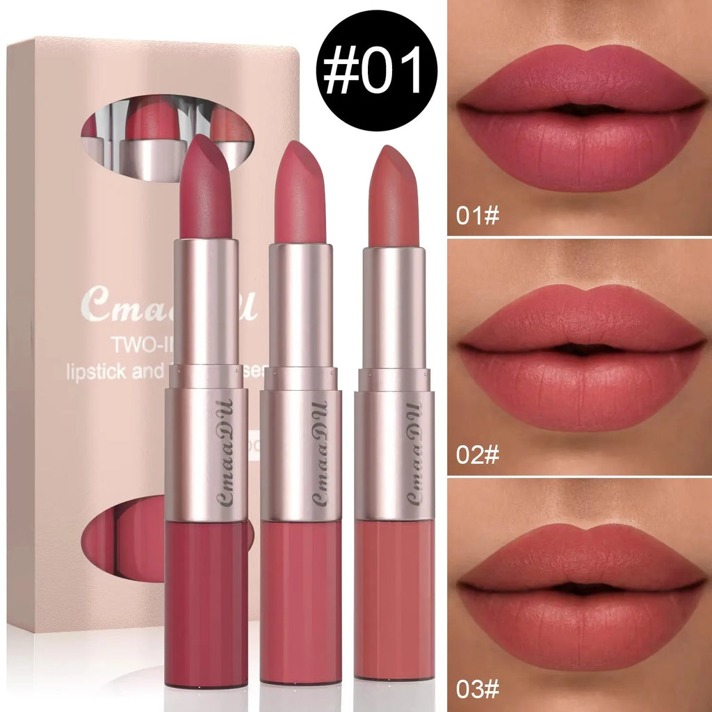 3 Pcs Long-Lasting Lipstick Lip Gloss Set-Double Headed Design for Natural Non-Fading Waterproof Non-stick Cup Exquisite Gift Oasis Select 01