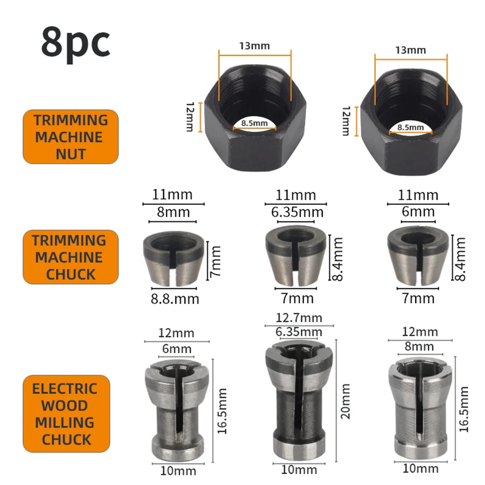 6/8pcs 6mm 6.35mm 8mm Milling Cutter Collet Adapter Collet Chuck For Engraving Trimming Machine Electric Router Accessories Oasis Select 8PCS