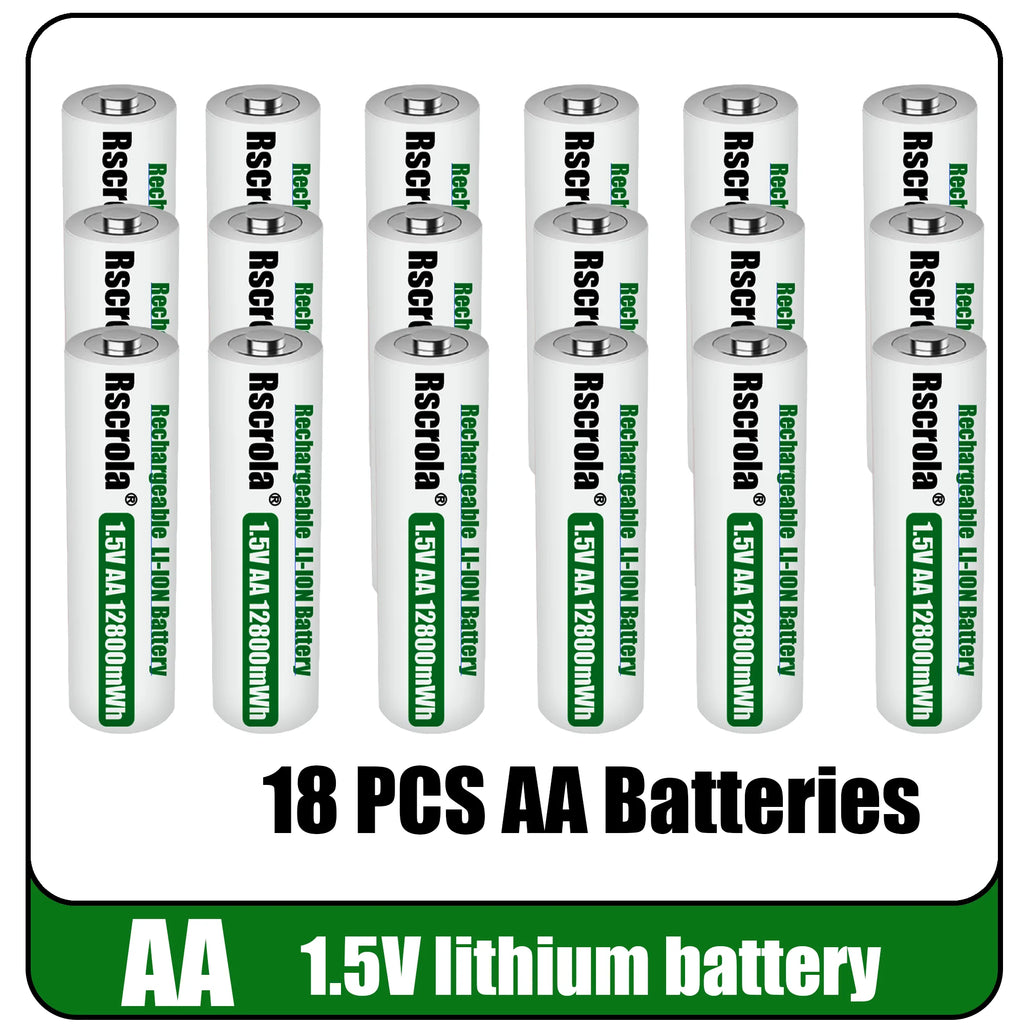 Universal Rechargeable 1.5V AA 12800mWh Lithium ion Battery Fast charging with Charger for Camare Clock Mouse Fan Electric Toys Oasis Select 18 PCS Batteries