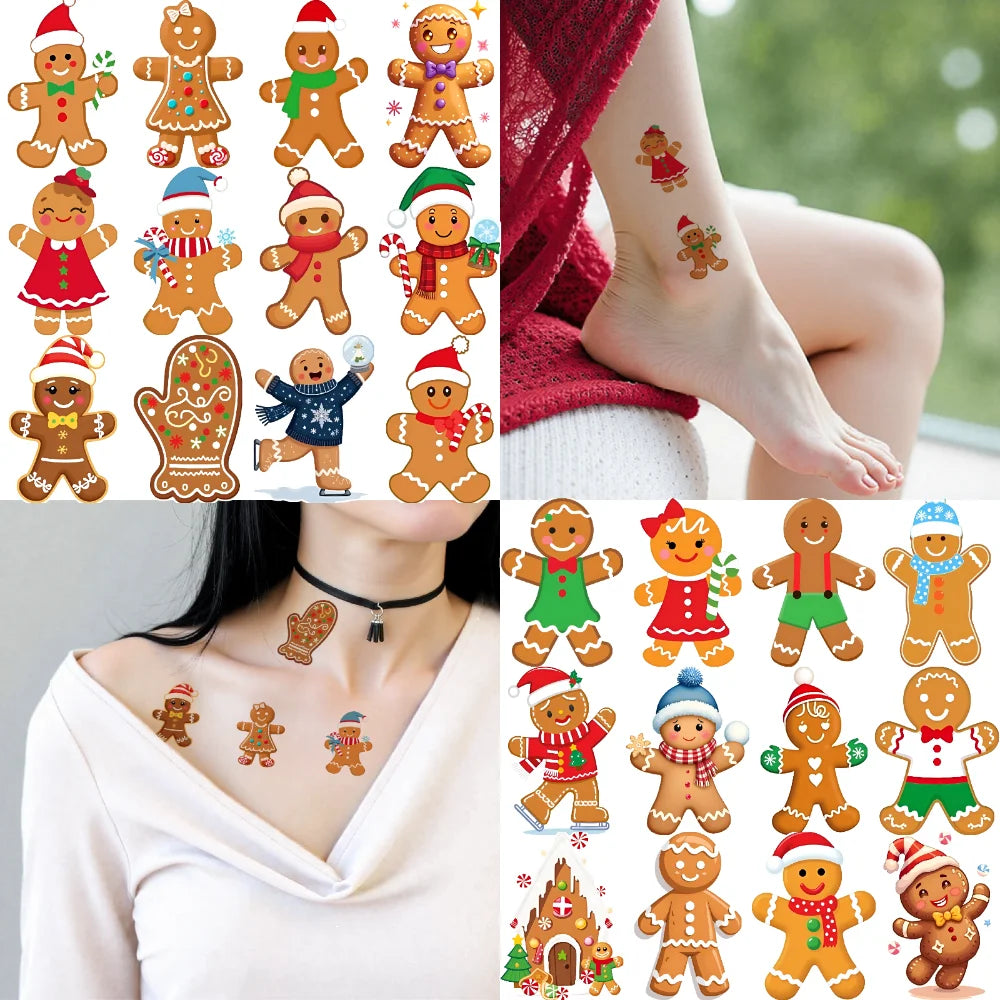 54pcs Christmas Gingerbread Temporary Tattoos – Waterproof Stickers