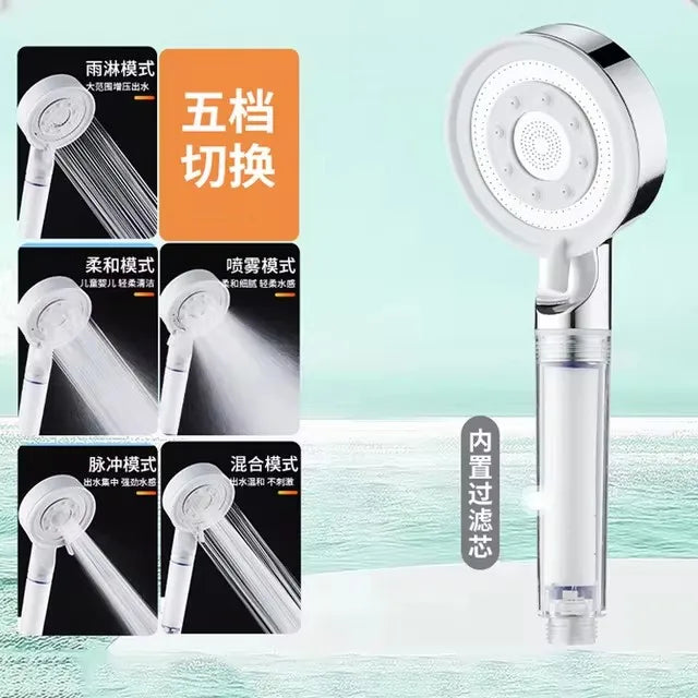 Black Silver Shower Head High Pressure 5 Modes Water Saving Nozzle Powerful Pressurized Spa Handheld Showers Bathroom accessorie Oasis Select Silver clear