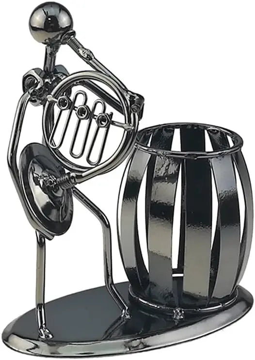 Iron Music Man Steel Pen Holder – Musical Art Metal Pencil Cup for Desktop, Office & Studio Decor, Unique Secretary Gift Oasis Select Plated Horn